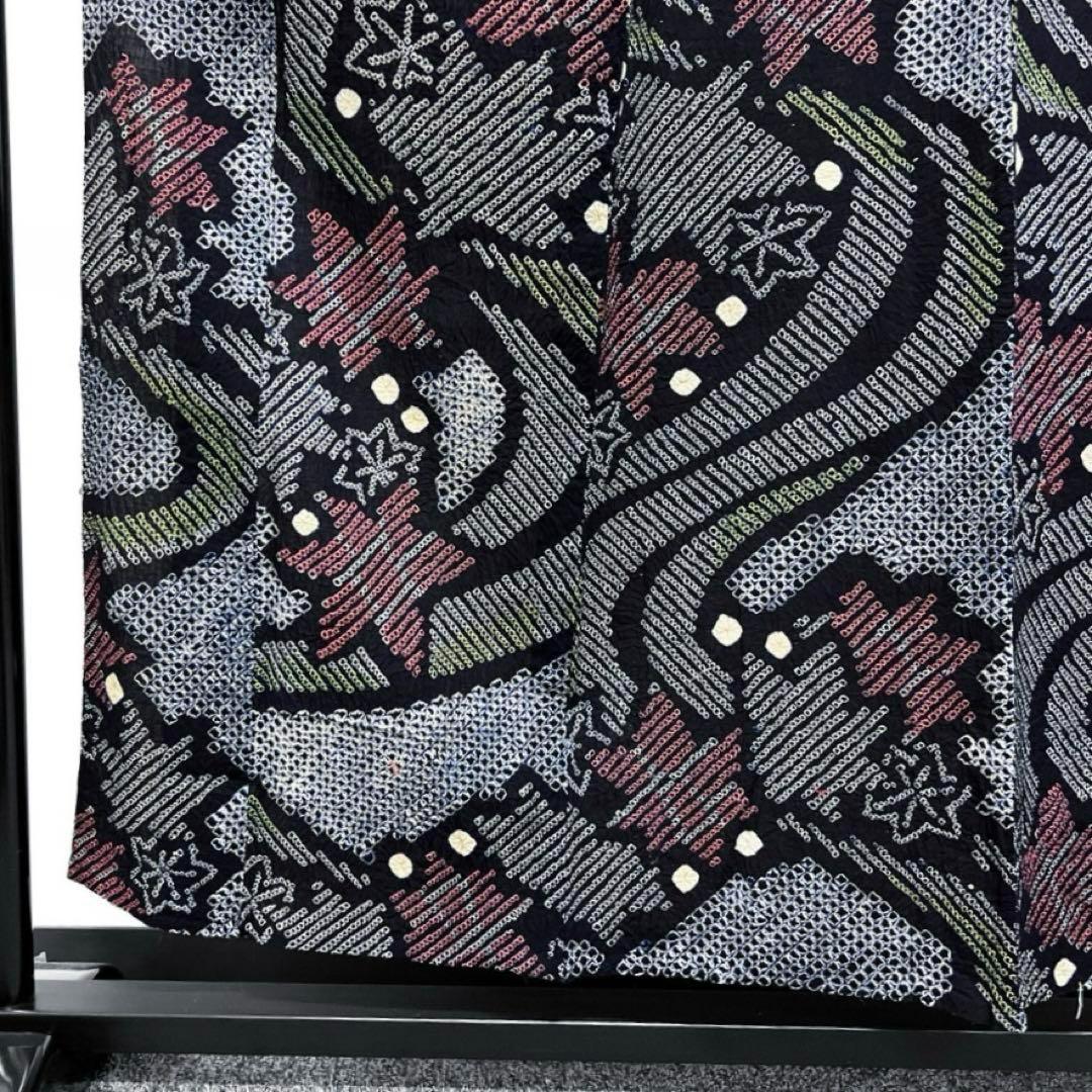 有松鳴海絞り　流水　楓　ネイビー系　着物　043w d