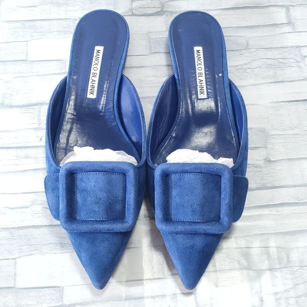 保存袋付き✨マノロブラニク　メイセール　スウェードミュール　バックル　ブルー38