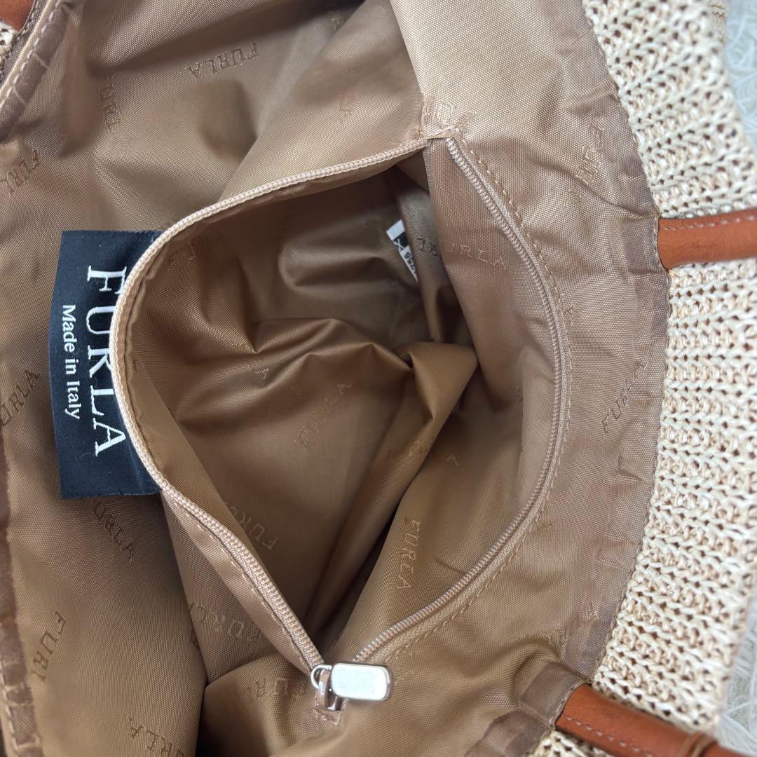 FURLA✨カゴバッグ　トートバッグ　 A4 PC 異素材　ベージュ　本革　麻