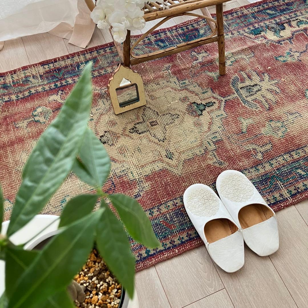 メダリオン✳︎ブルー85〜78×196✳︎レッドパープル　トルコヴィンテージラグ