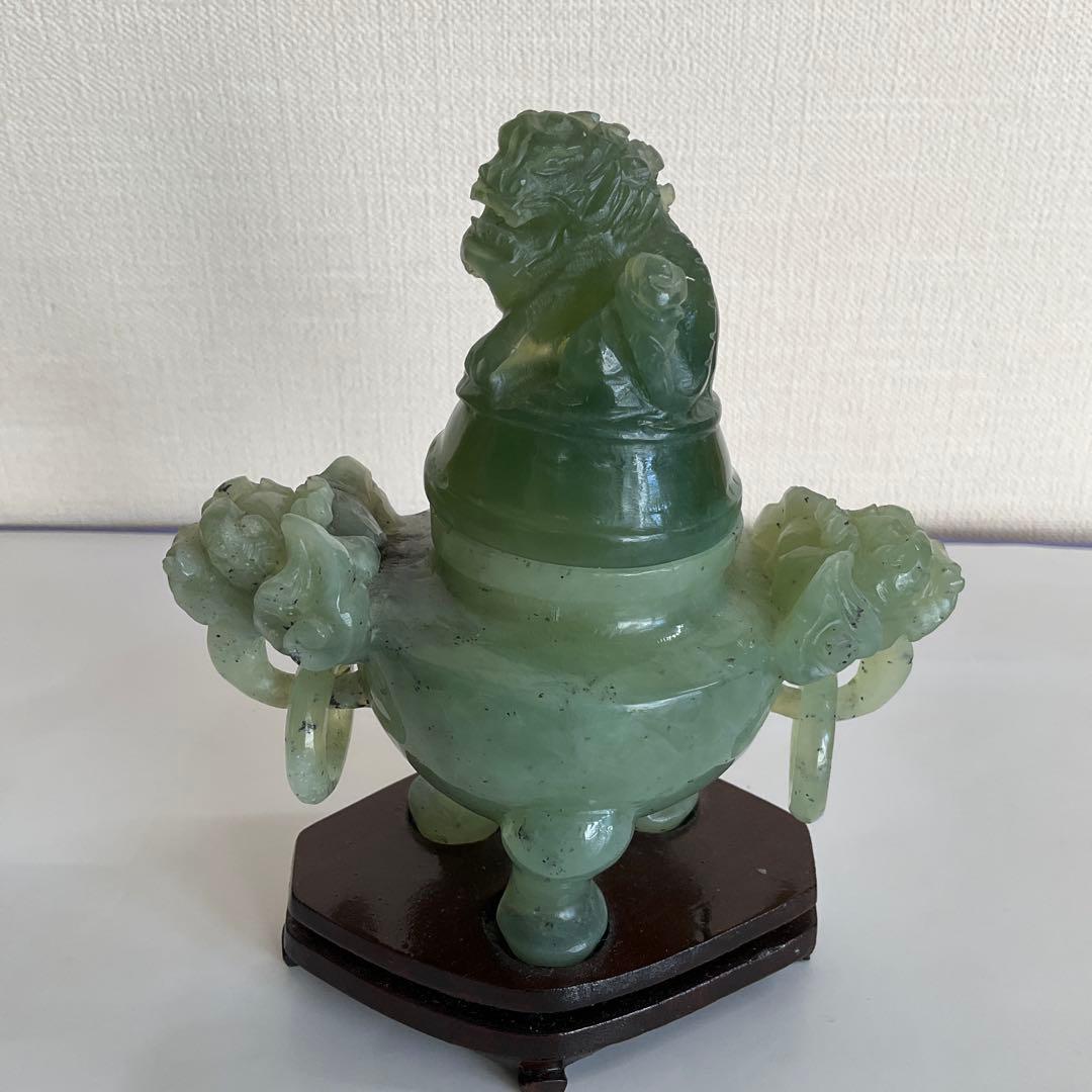中国　碧玉環付獅子頭香炉