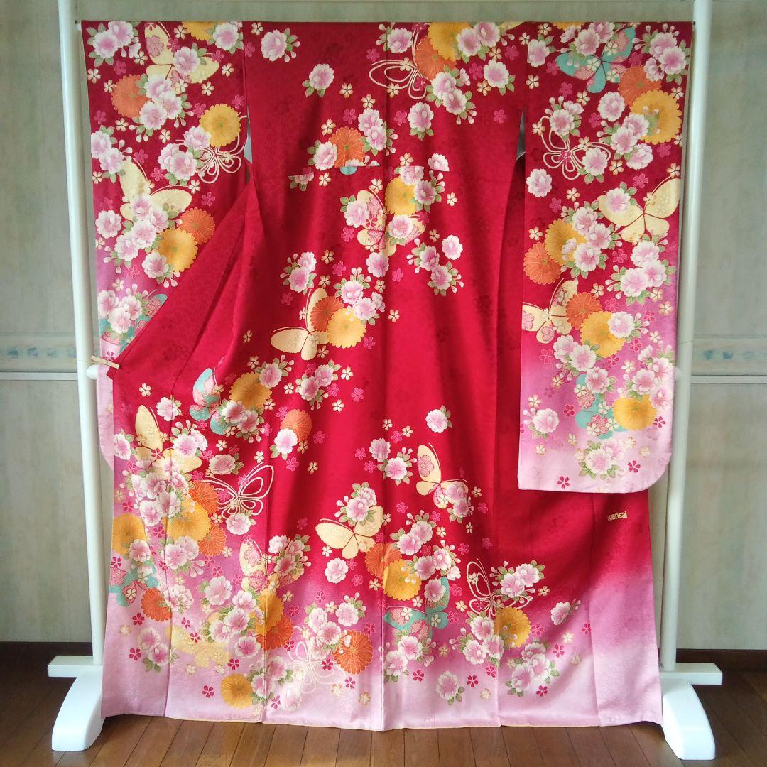 5165振袖単品　KANSAI寛斎ブランド 赤ピンク蝶　正絹　成人式卒業式結婚式
