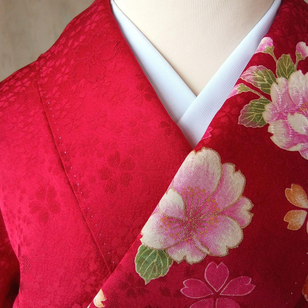 5165振袖単品　KANSAI寛斎ブランド 赤ピンク蝶　正絹　成人式卒業式結婚式