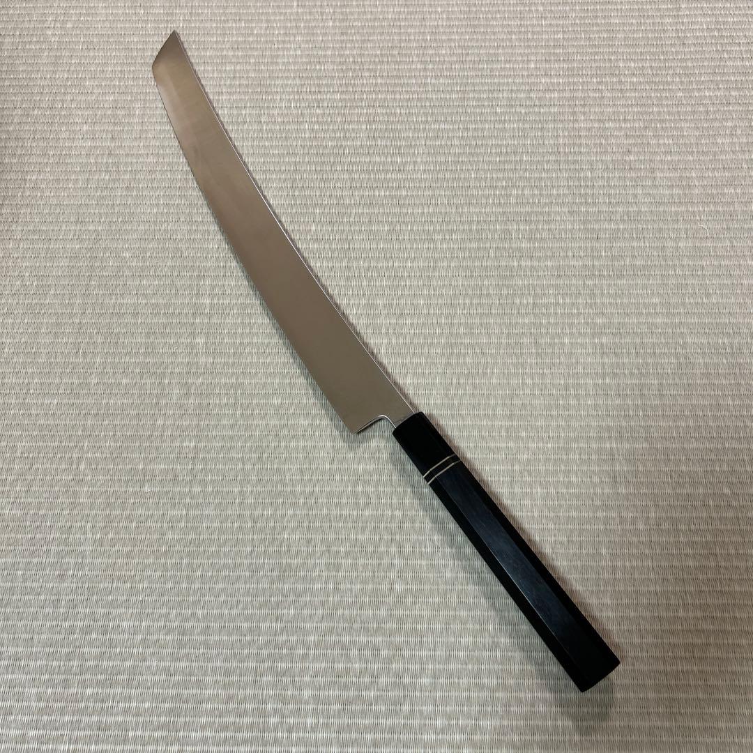 先丸　柳刃　包丁　和包丁　V金10号　本焼　鏡面　鬼反り　尺二　黒檀黒水牛八角柄