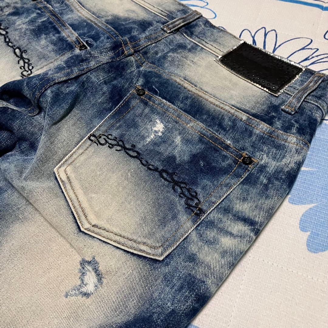 【希少】MIDAS 刺繍　染め　ダメージ加工　ワイド　フレア　デニム　パンツ