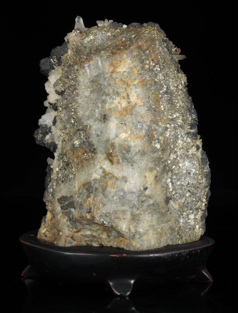 国産 白水晶クラスター 黄鉄鉱共生 青色虹彩 鑑賞石 原石 台座付 2166g