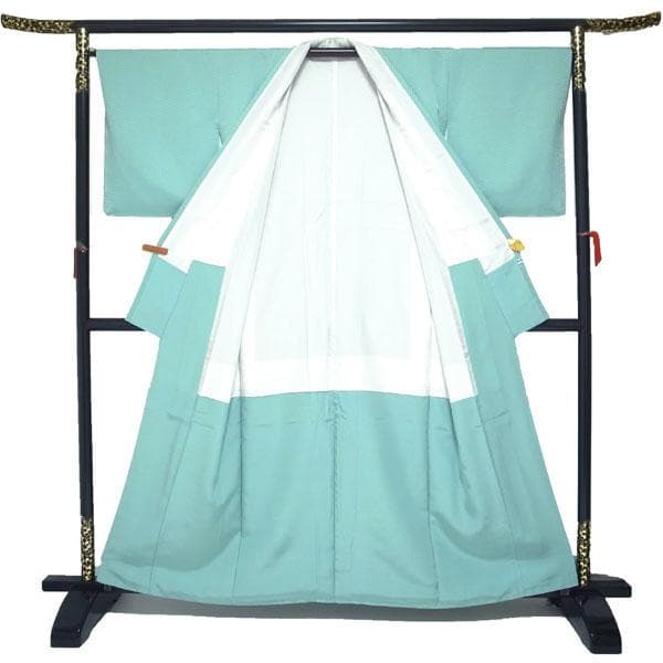 色無地 着物 袷 水色 紋入り 木瓜 地紋 市松 裄66 Ｍ 中古 sn1770