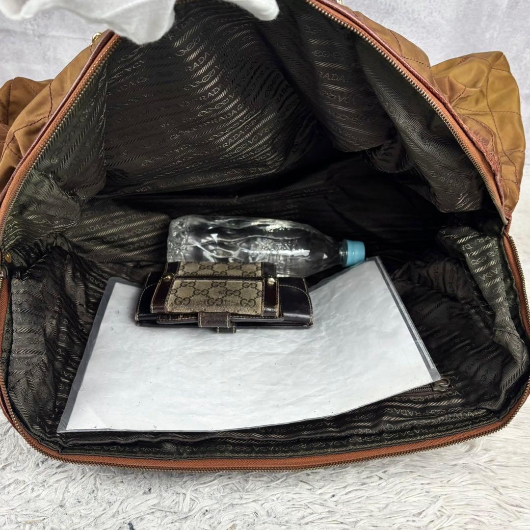 極美品 PRADA ナイロン ボストンバッグ 三角プレート 斜め掛け ブラウン