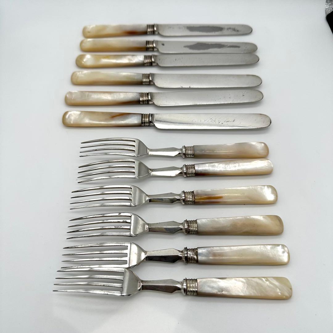 英国製/白蝶貝 マザーオブパール フルーツナイフ＆フォーク 24本 木箱入