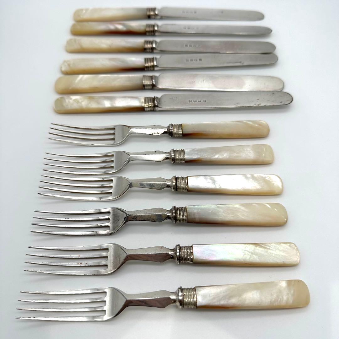 英国製/白蝶貝 マザーオブパール フルーツナイフ＆フォーク 24本 木箱入