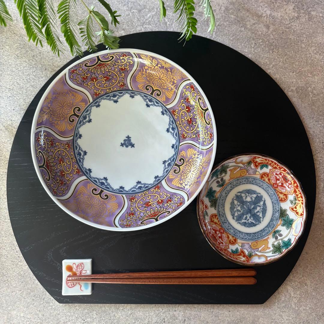 献上古伊万里　大皿　５枚セット　紫　パープル　約20cm 多用皿　金彩　和食器