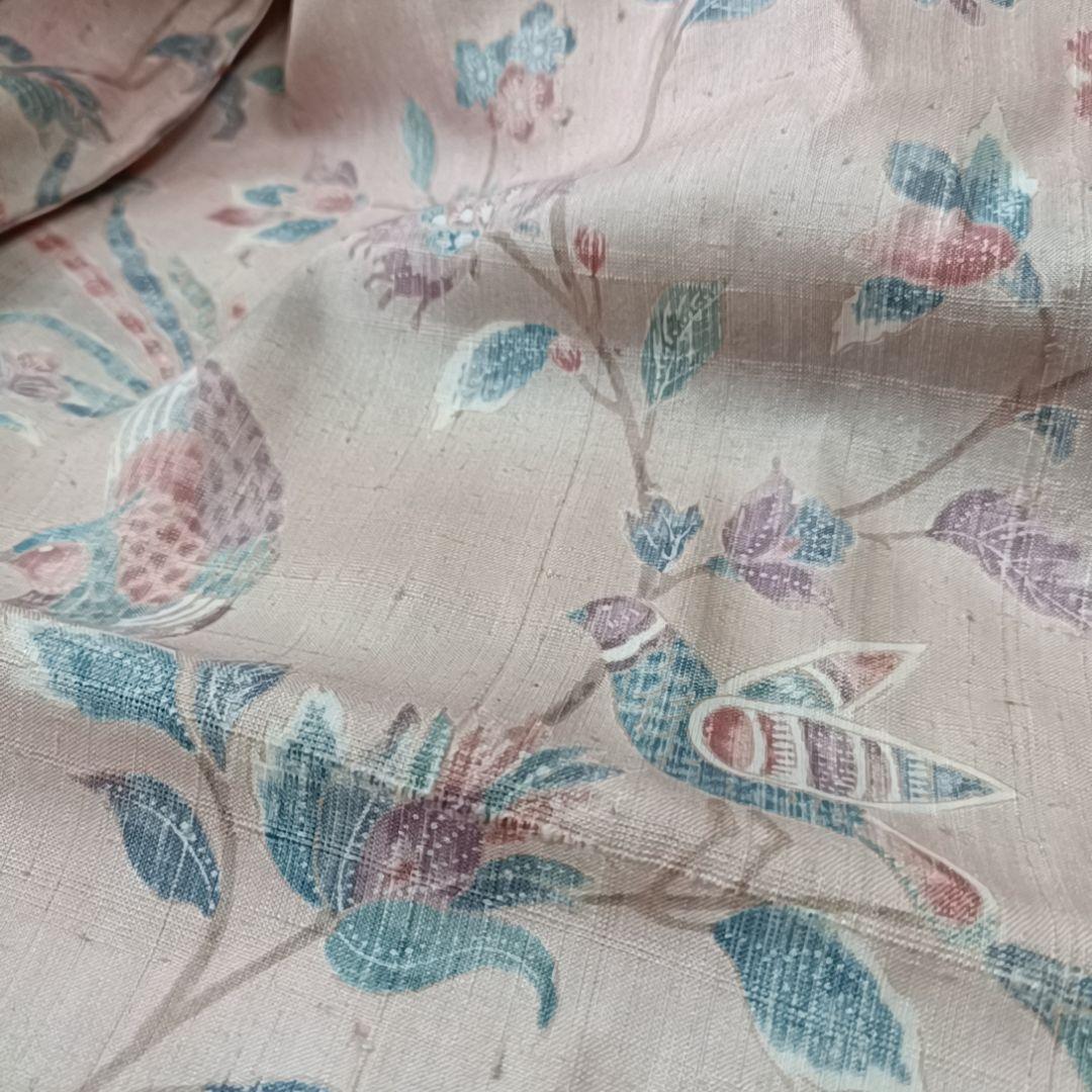 て*。様 ☆24 えっと 紬 単衣 ピンク 鳥 木々 花唐草