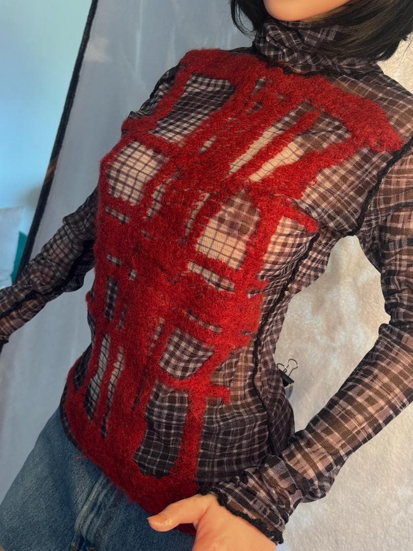 Jean-PaulGAULTIERFEMMEパワーネットフェイスプリント赤刺繍