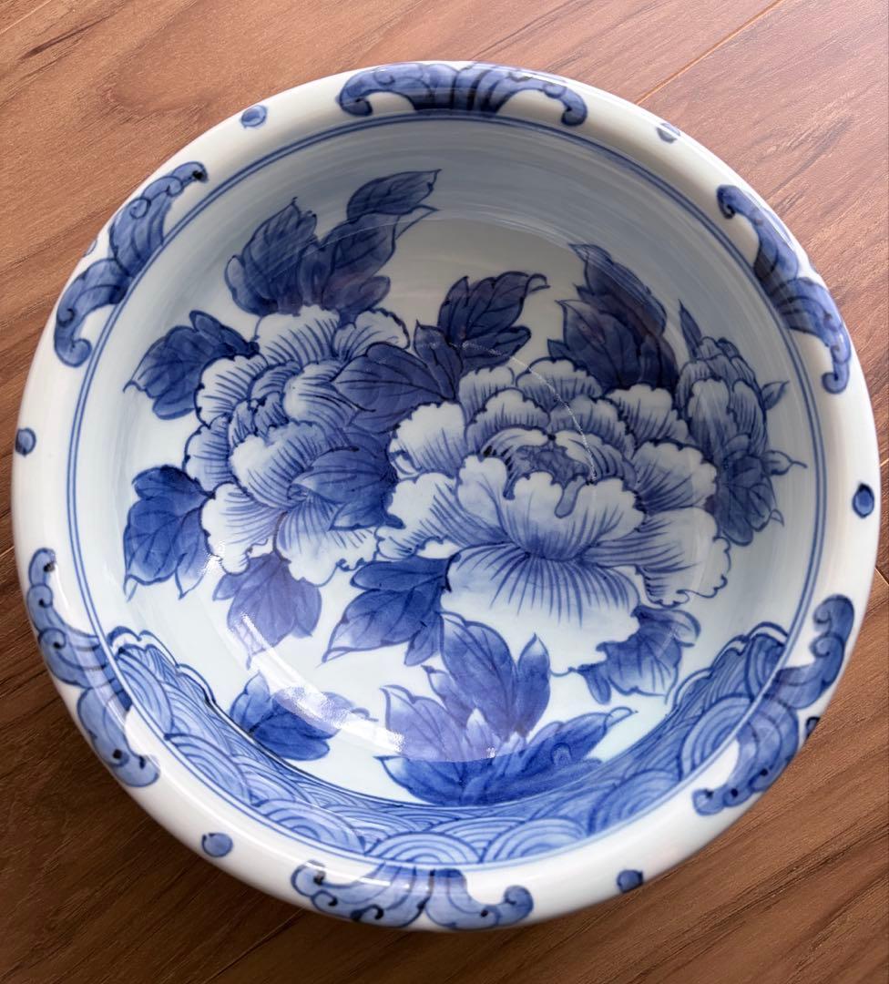 未使用 有田焼 一作窯 染付牡丹青海波 鉢 作家物 山口清久 手描き 古染付