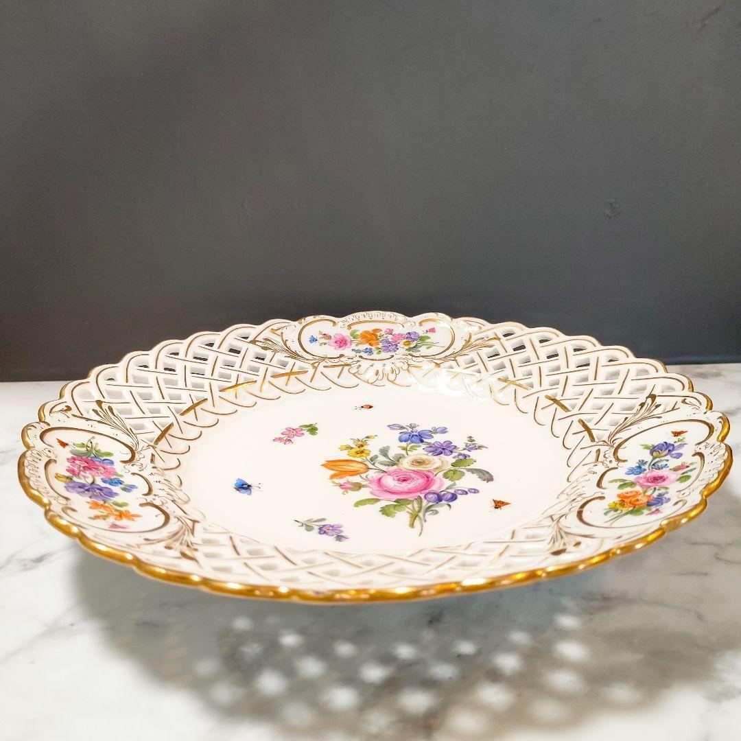 24㎝★マイセン 昆虫 ピアスエッジ ピンクローズ金彩 透かしプレート 希少品