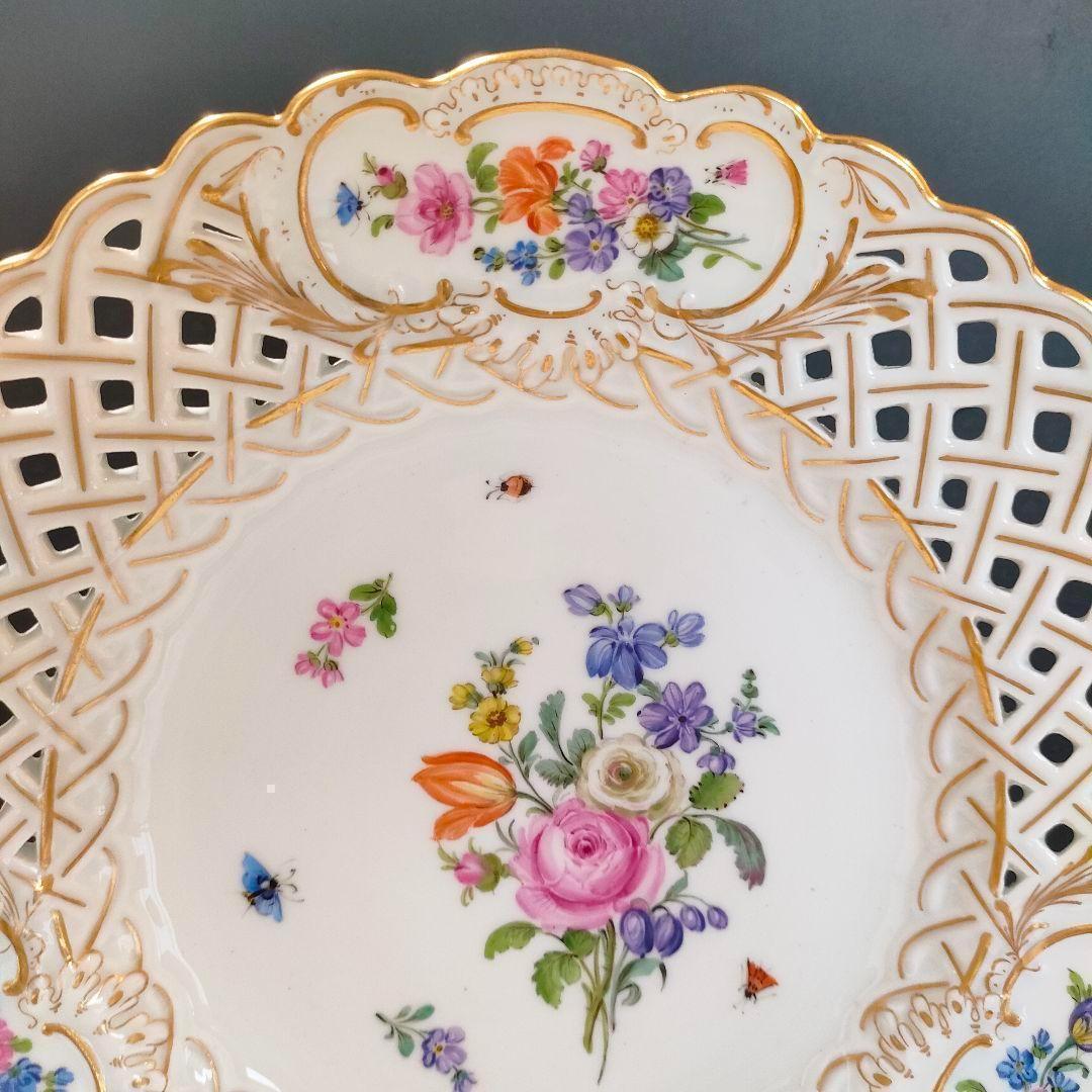 24㎝★マイセン 昆虫 ピアスエッジ ピンクローズ金彩 透かしプレート 希少品