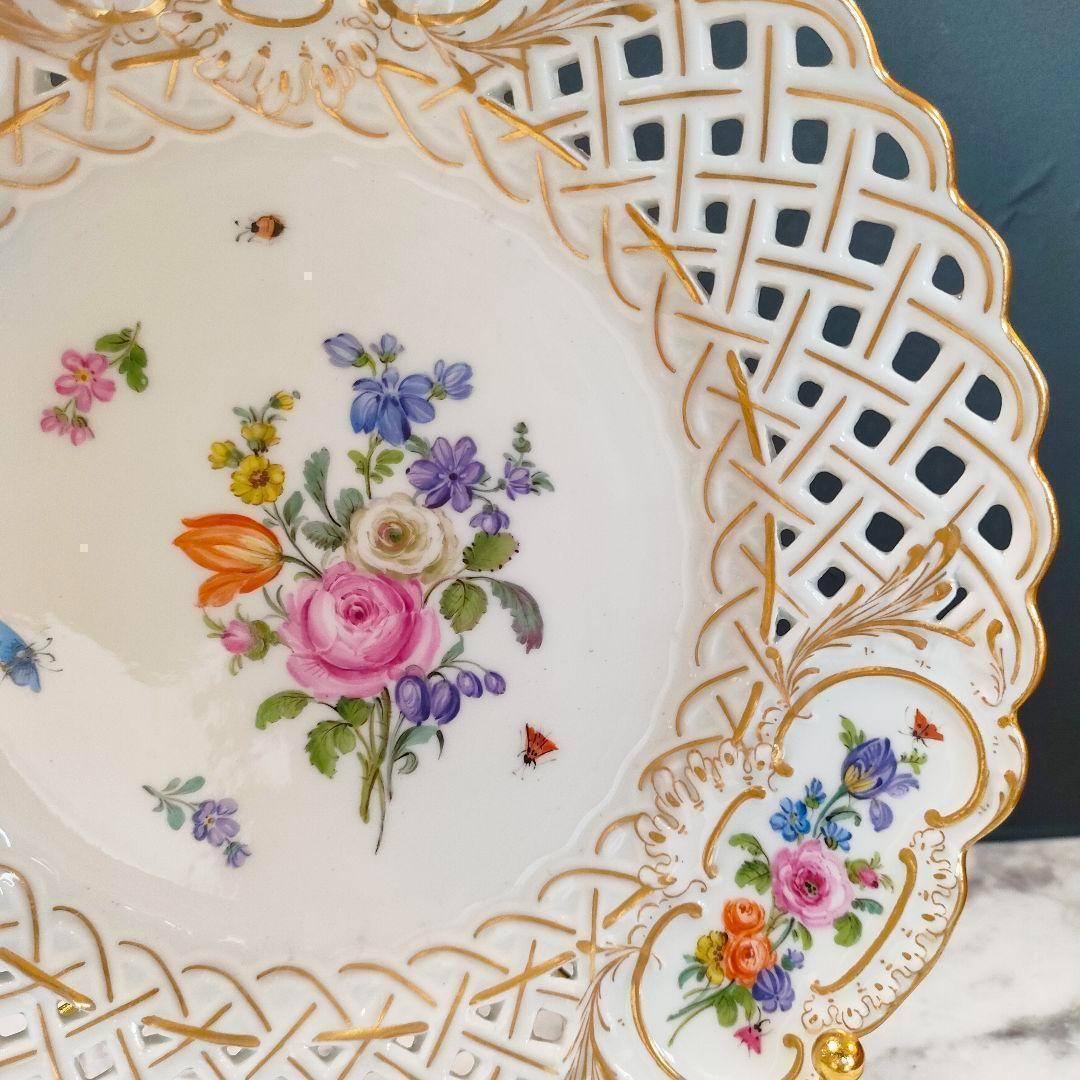 24㎝★マイセン 昆虫 ピアスエッジ ピンクローズ金彩 透かしプレート 希少品