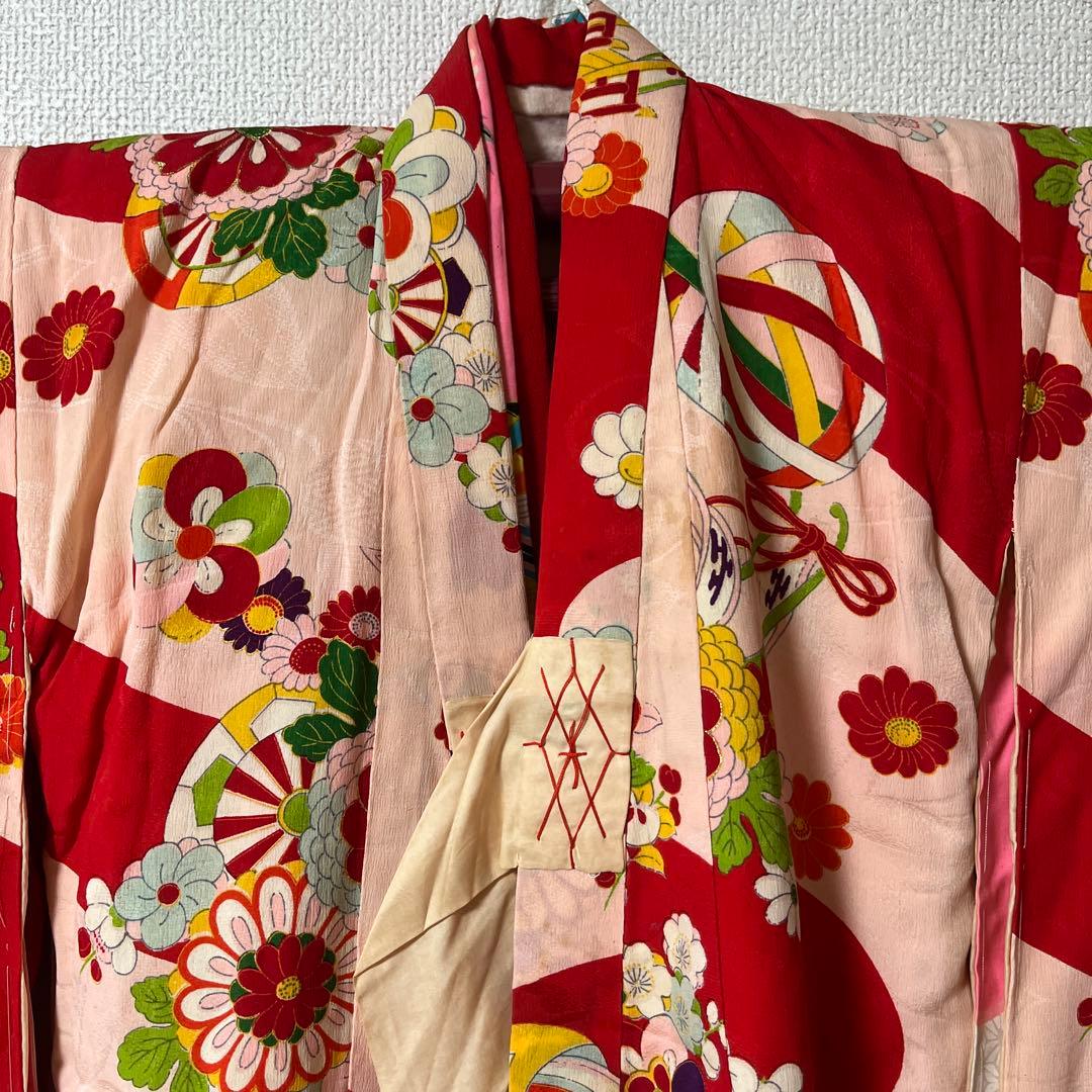 七五三　3歳　着物　アンティーク　ピンク　赤　被布　正絹