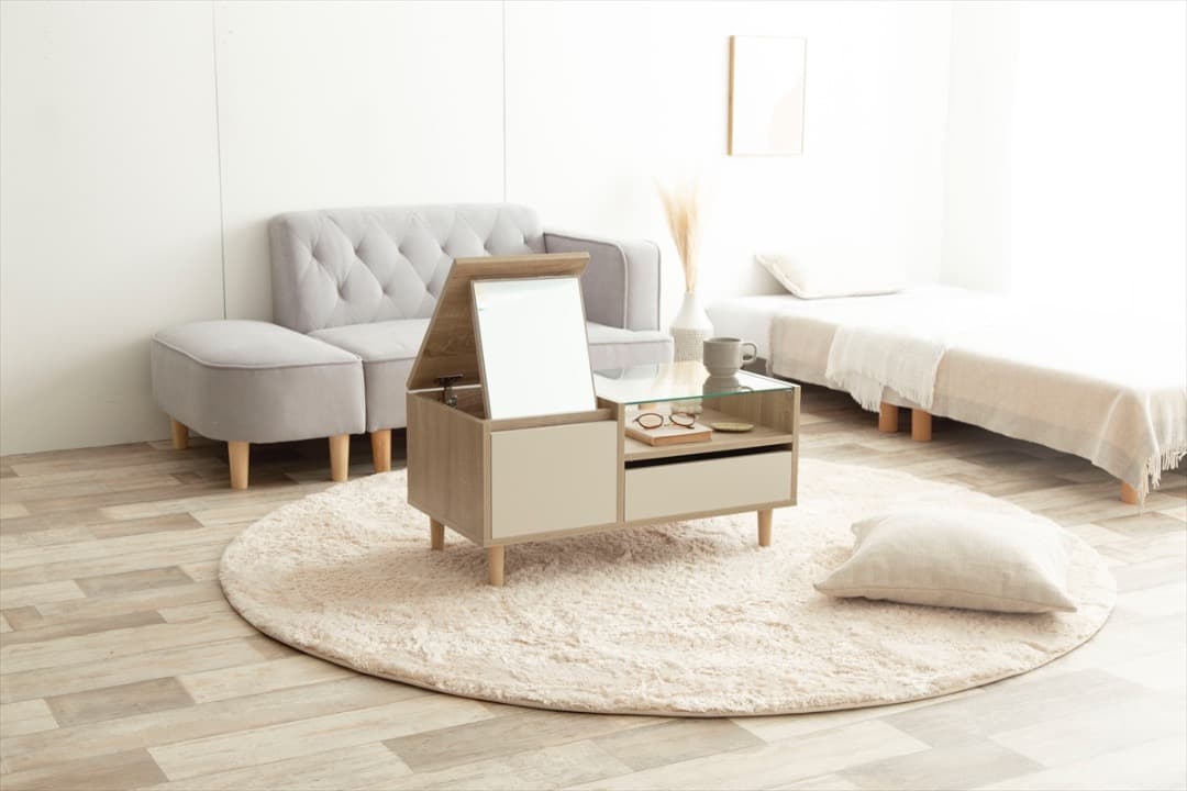 【送料無料】ディスプレイ収納付きドレッサーテーブル 机 ロー ガラス天板