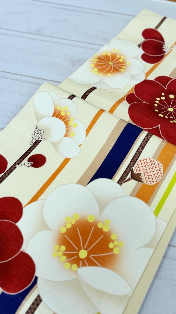 帯７　WA.KKA　梅の花・枝とおみくじ京袋帯　アイボリー系　約３７６×３１