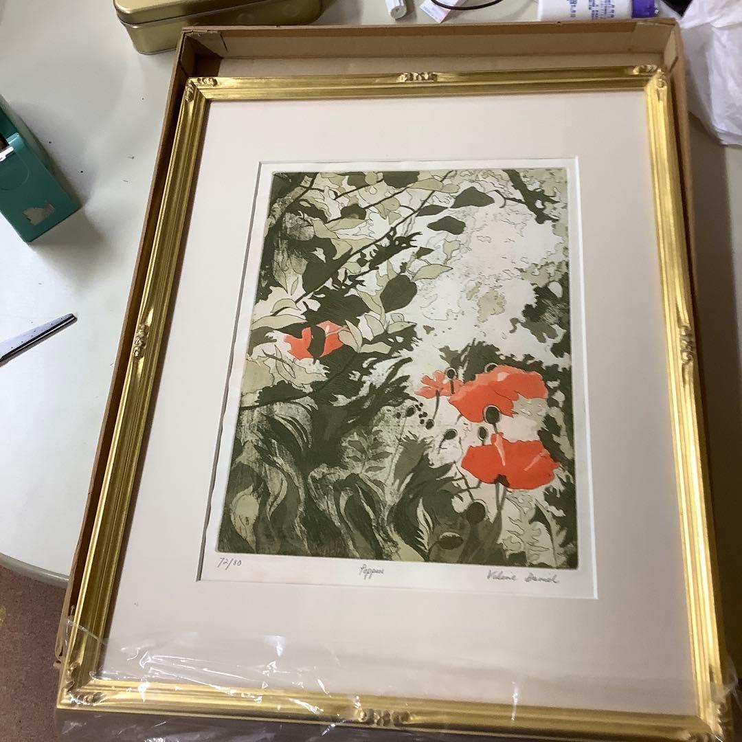 Valerie Daniel ポピー 花の版画 72/80金色フレーム付き
