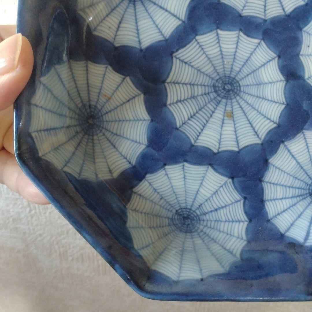 古伊万里染付蜘蛛の巣文様瑠璃八角皿江戸時代