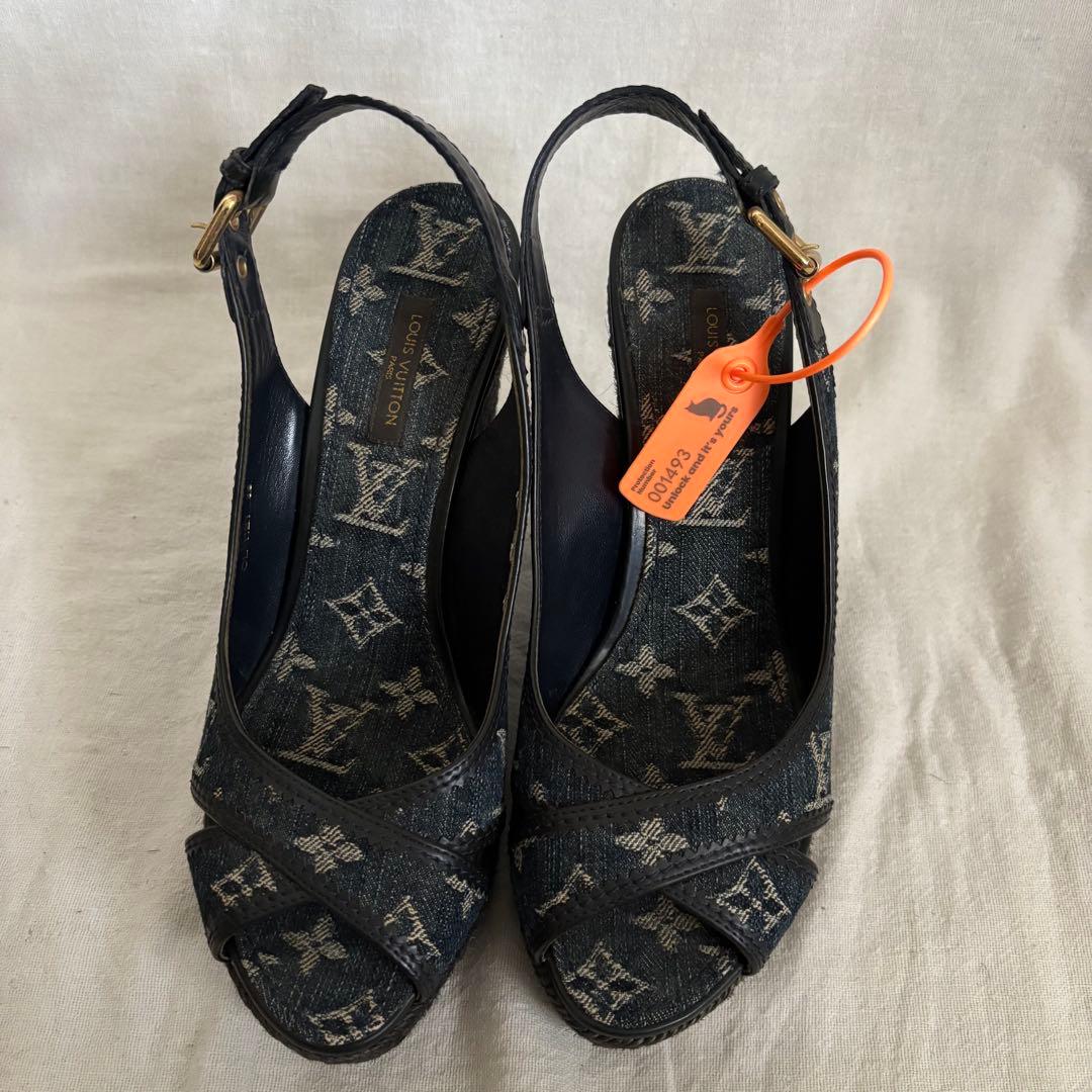 ルイヴィトン モノグラム デニム オープントゥ ウェッジソール サンダル38