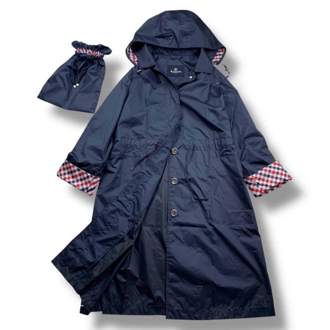 【極美品】アクアスキュータム　レインコート　比翼　ネイビー 収納袋付　チェック