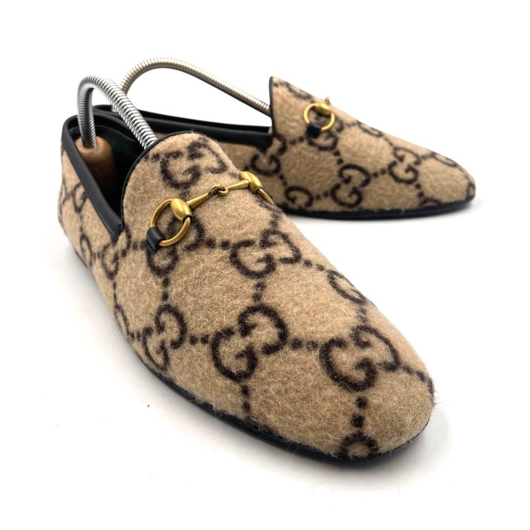 《超美品》グッチ ホース ビット ローファー GG柄 ウール フェルト ベージュ