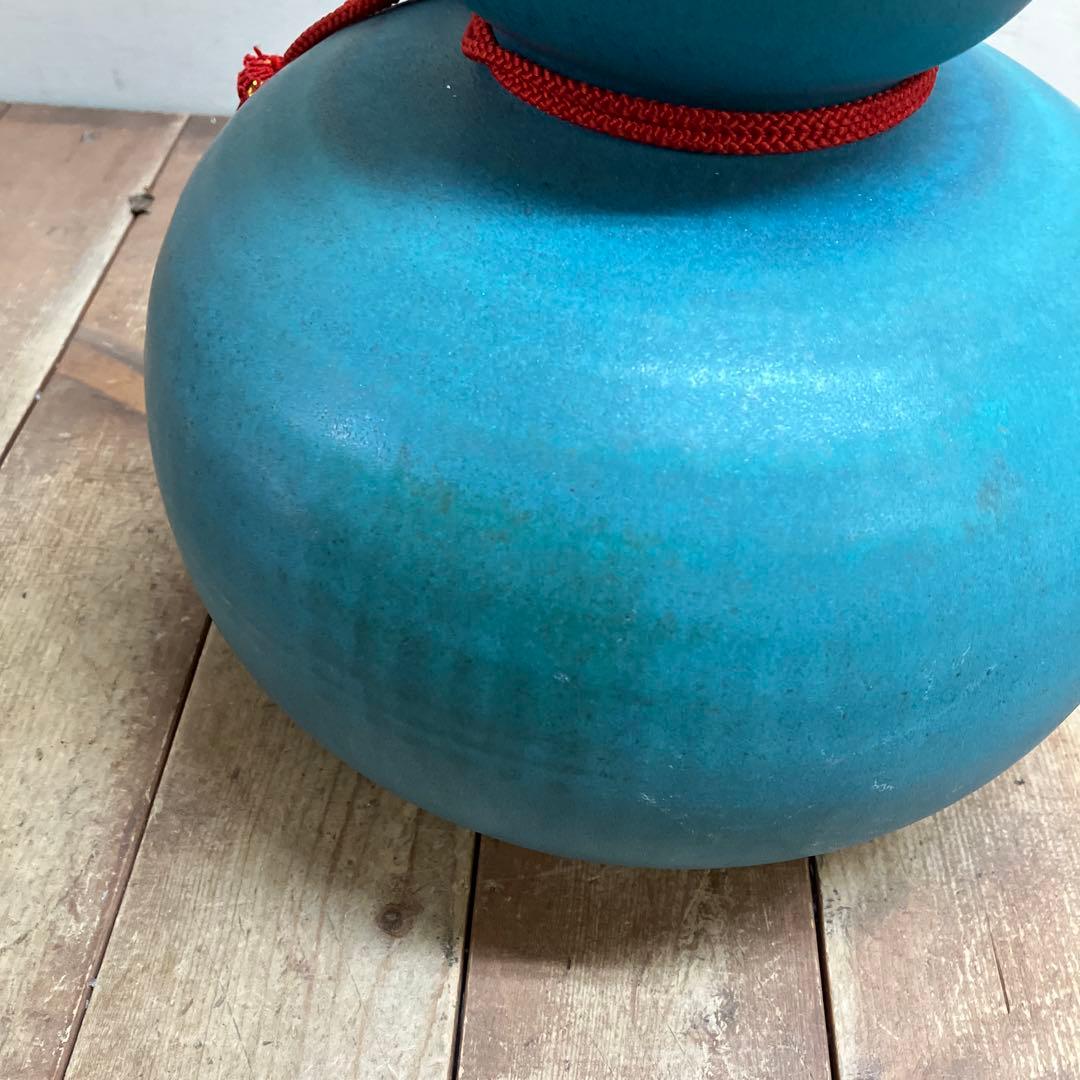 C-壁 昭和レトロ 信楽焼 瓢箪 花瓶 トルコブルー 手づくり 縁起物 飾り壺