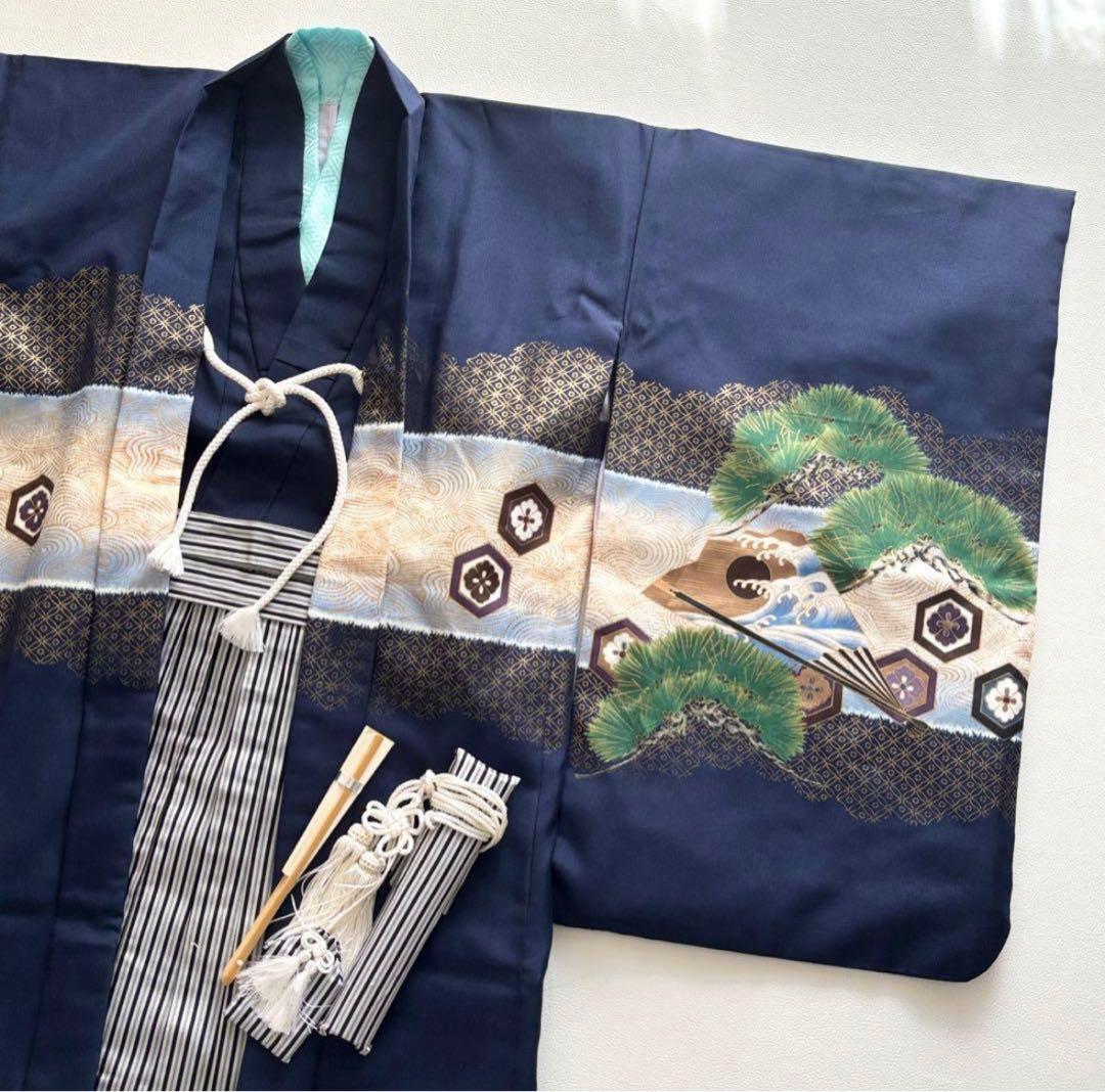 七五三　5歳　男の子　着物　羽織　袴　フルセット　兜　紺色　百日祝い
