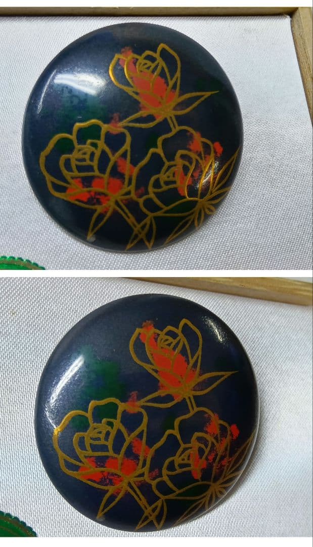 輪島塗　ブローチ　4点セット　漆塗り　蝶　ぼかしバラ　螺鈿　伝統工芸　金蒔絵