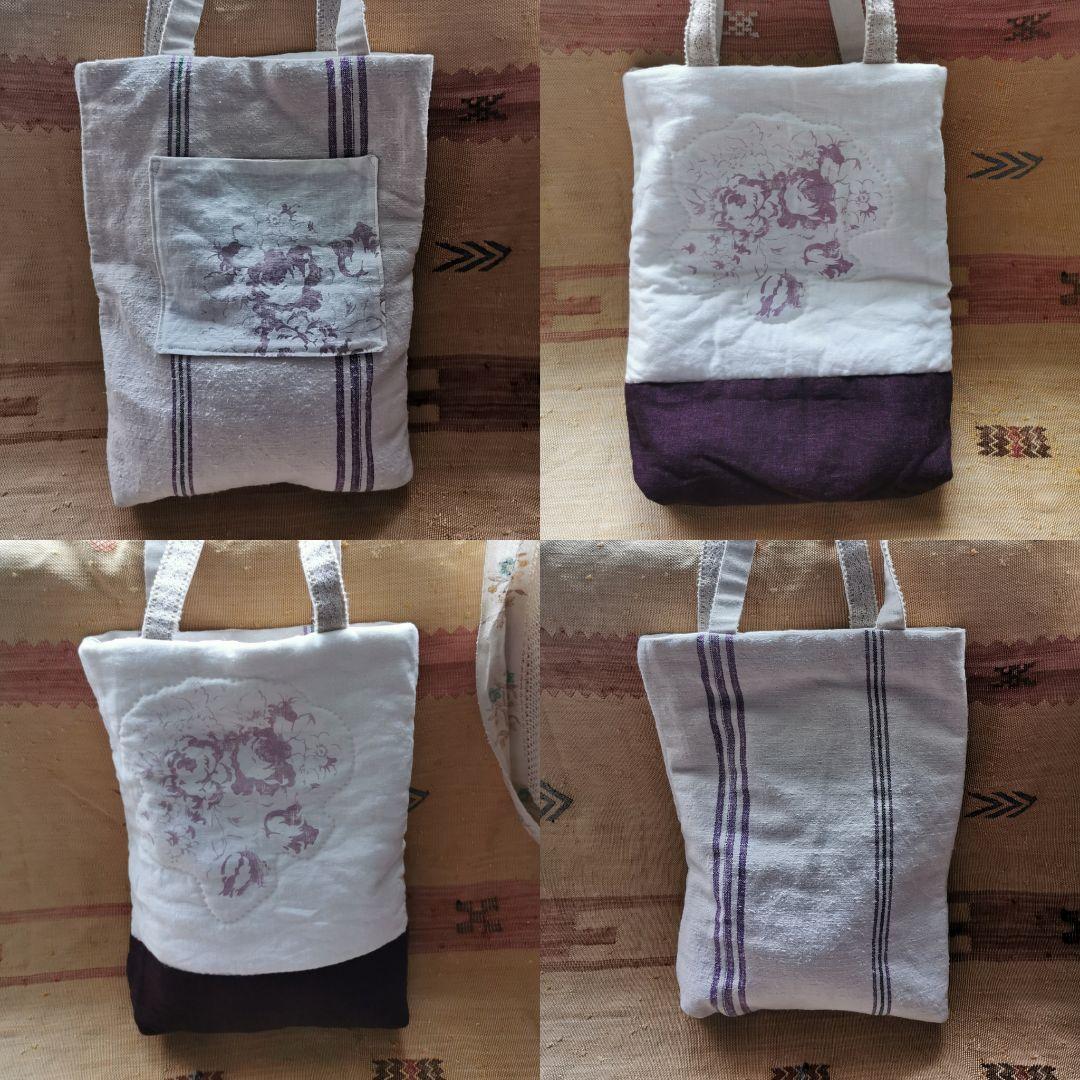 ハンドメイド✃アンティークホームスパンリネン＆キャベジズ花柄リバーシブルトート