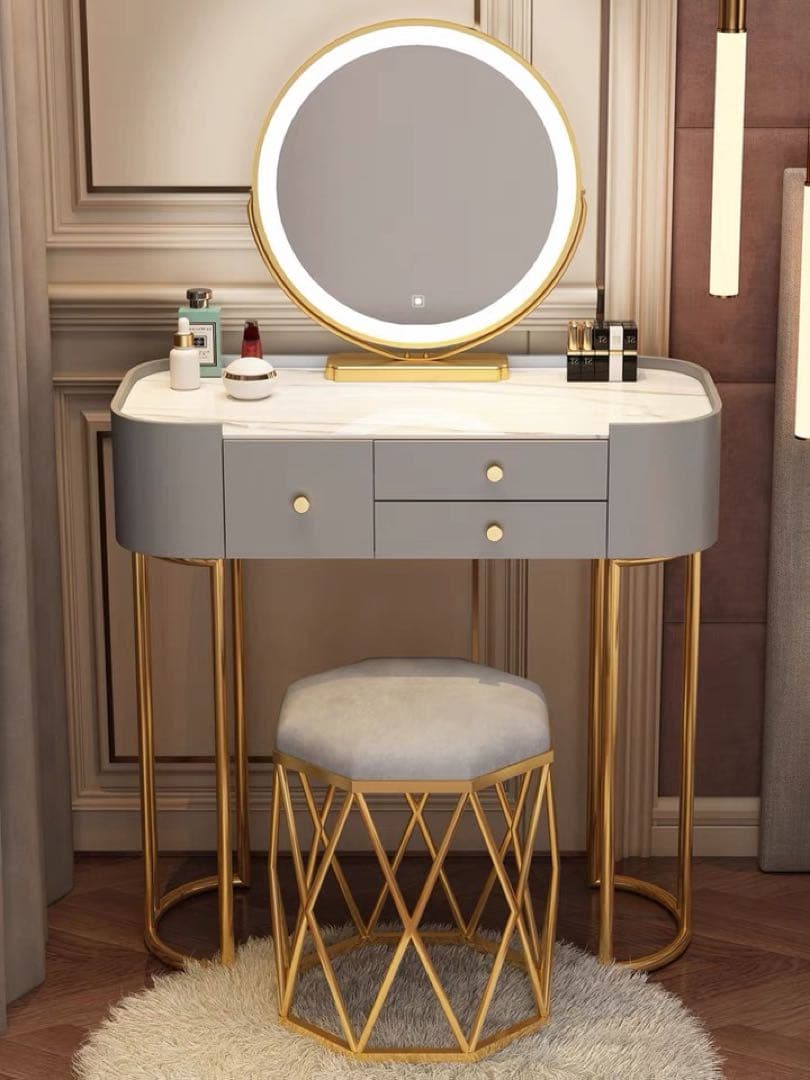 北欧風  ホワイト80cm オシャレドレッサーレザー調 大理石天板