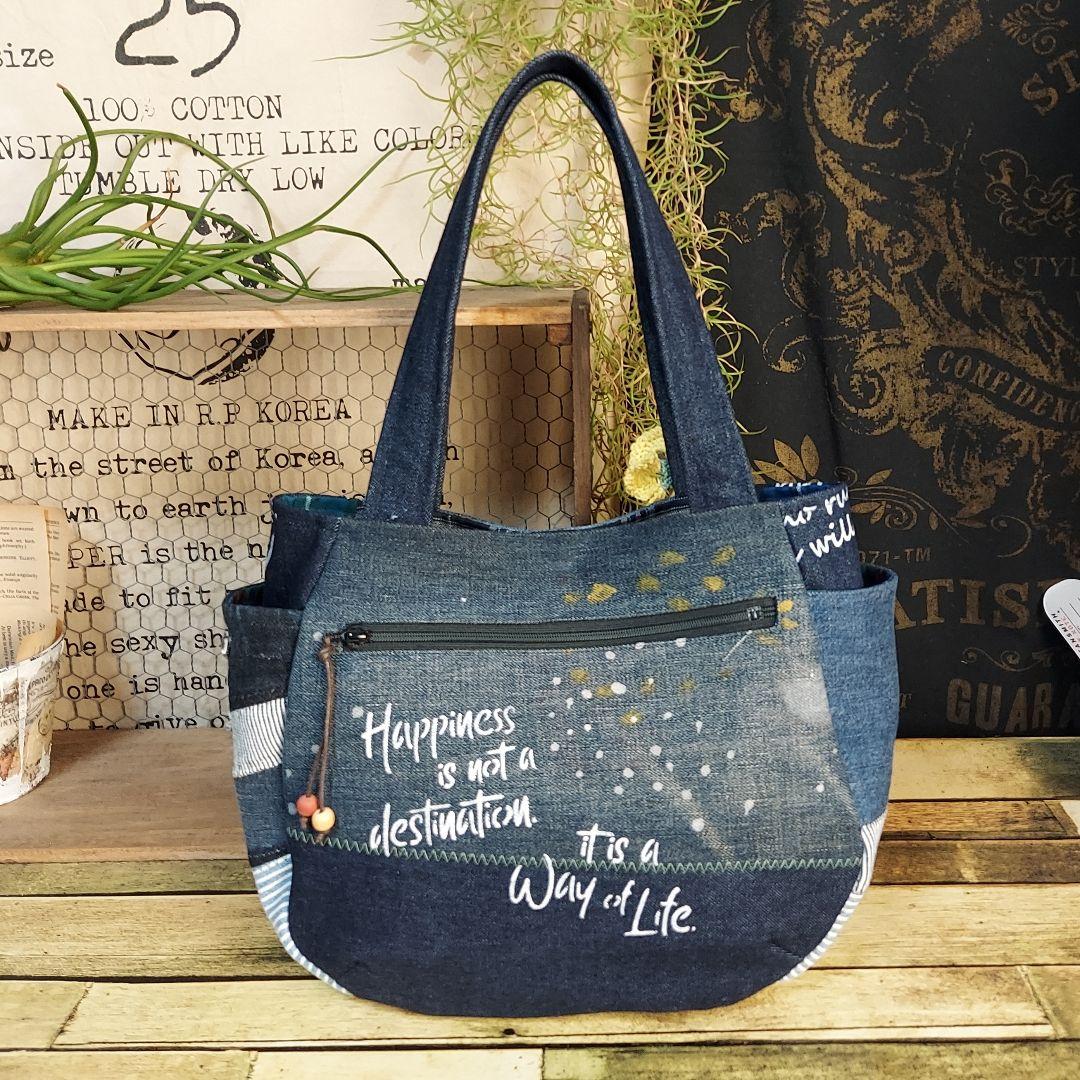 刺繍デニムバック　No.636　デニムリメイク　チューリップバック　スマイリー