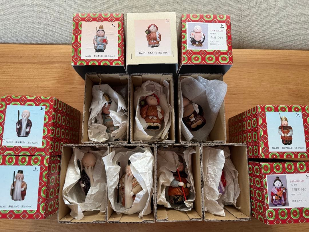 縁起物、新年/正月飾り◆木目込人形「七福神」7体＋ひな壇、金屏風、名前札 セット