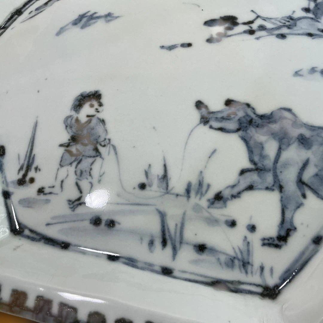 坪島土平　染付童牛絵六角鉢　廣永窯　美品　35cm