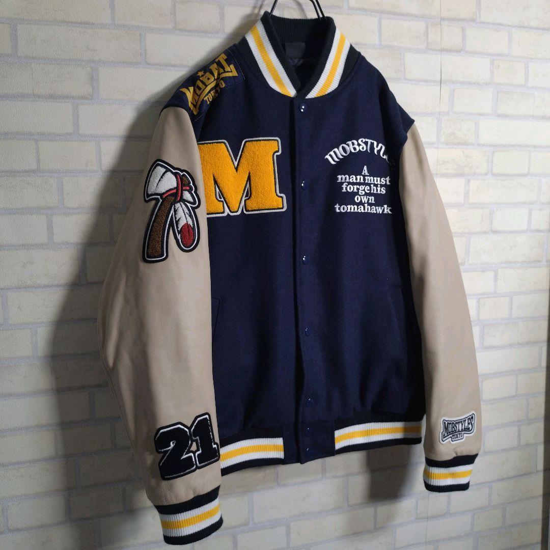 モブスタイル★サガラ刺繍 羊革 アームレザー スタジャン 紺 M表記 L相当