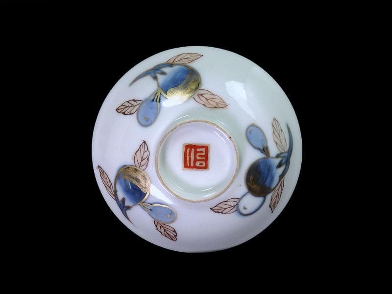 古伊万里　染錦　茄子の図　蓋茶碗　AS-DCa