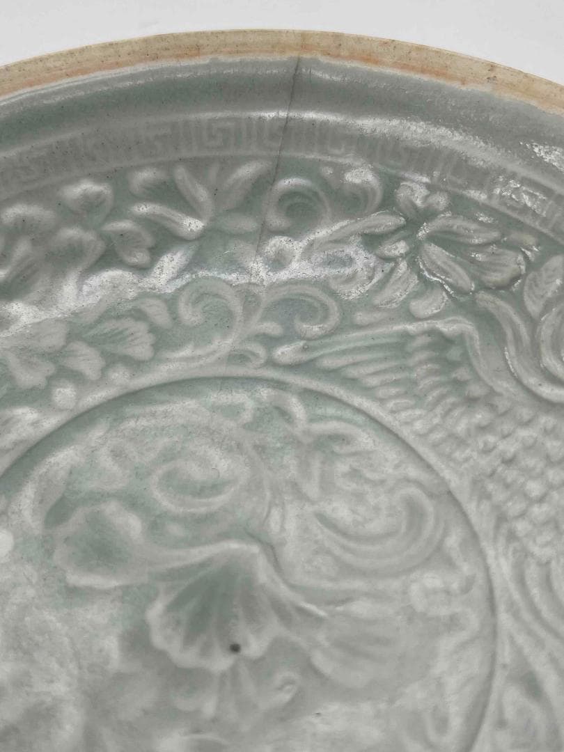 北宋時代　青白磁牡丹鳳凰文盤　茶皿　茶鉢　景徳鎮　影青　唐物(B-98)