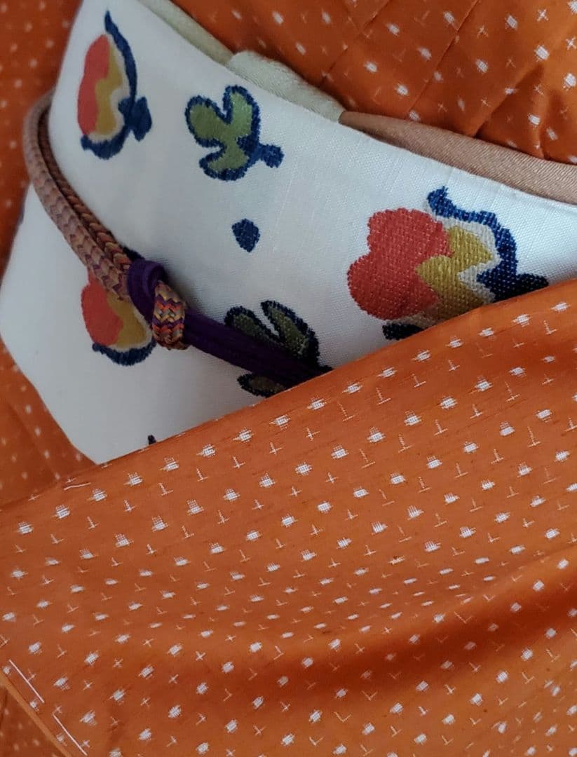 【着物帯＊セット】オレンジカラーの紬　十字絣　袋帯　正絹