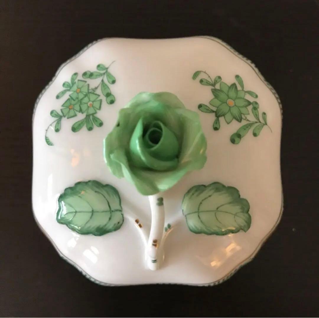 ヘレンド アポニーグリーン 小物入れ HEREND グリーンのバラ 蓋付小物入