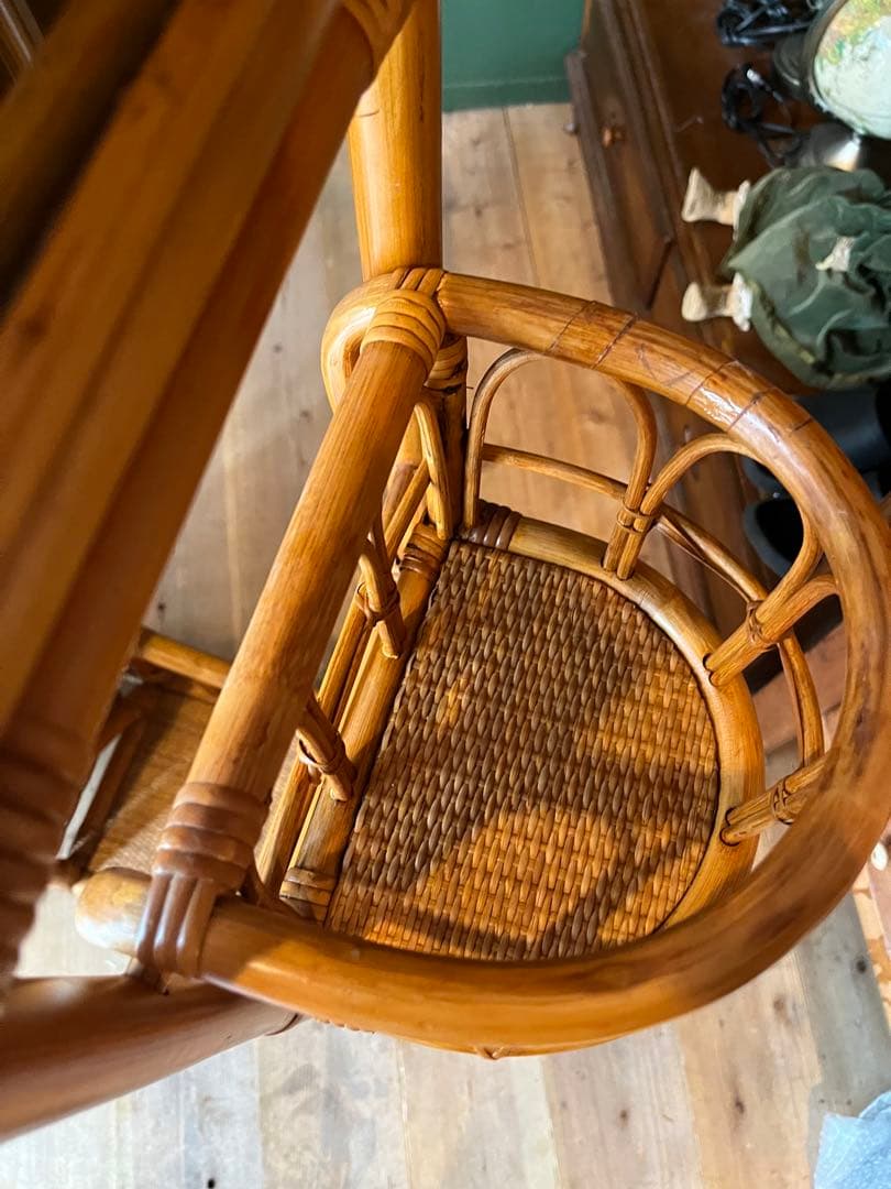 ミラー付 籐 ラタン ハンガーラック インテリア 昭和レトロ 引き出し収納