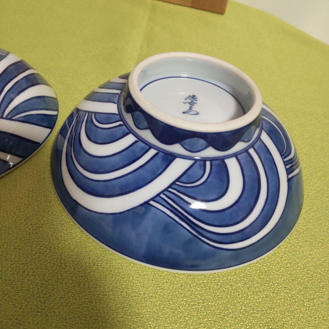 源右衛門 どんぶり 波 染付 蓋物 染錦 丼 小どん 中 6客 手描き 木箱