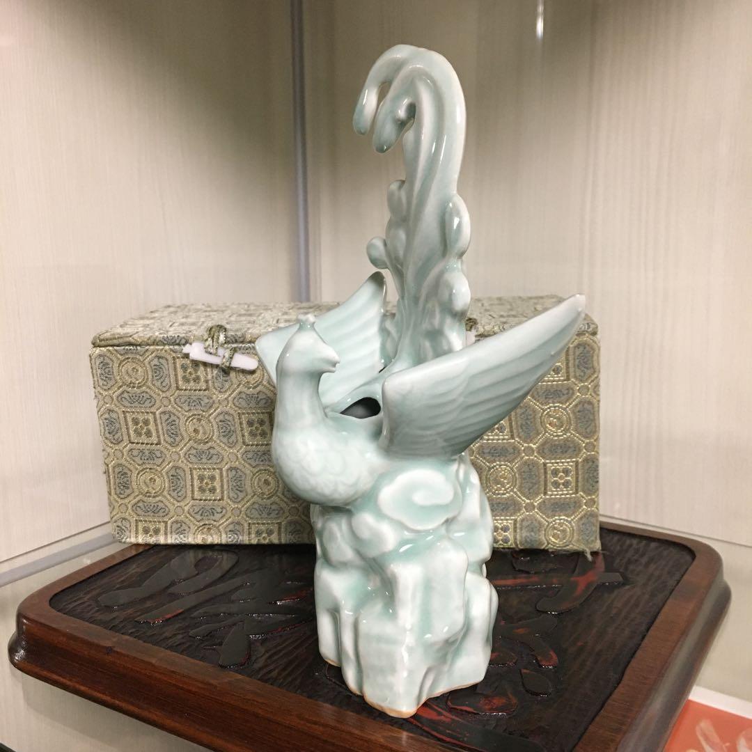 箱付き　中国龍泉窯　青磁　鳳凰　一輪挿し　花器　花瓶　オブジェ　インテリア