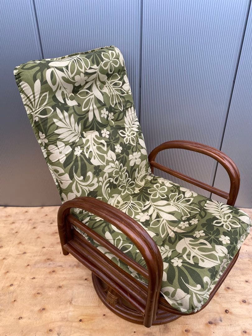 ラタン 籐 回転座椅子 リクライニング 花柄 クッション チェア