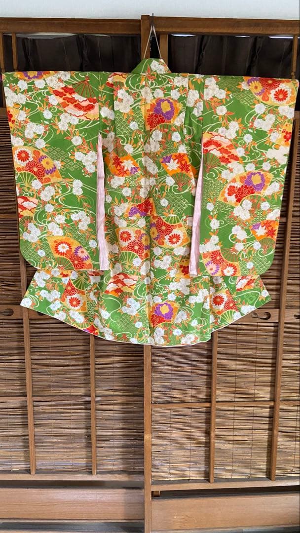 3歳祝い着 七五三用 緑色の花柄和装shak2点分　K117