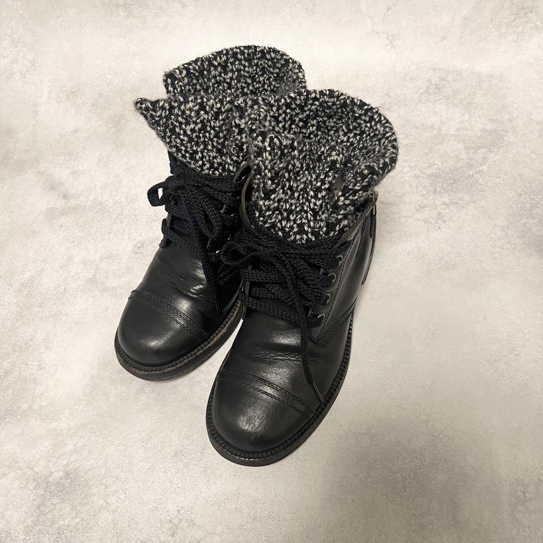 CHANEL ショートブーツ　ココマーク刺繍　サイドジップ　ツイード×レザー