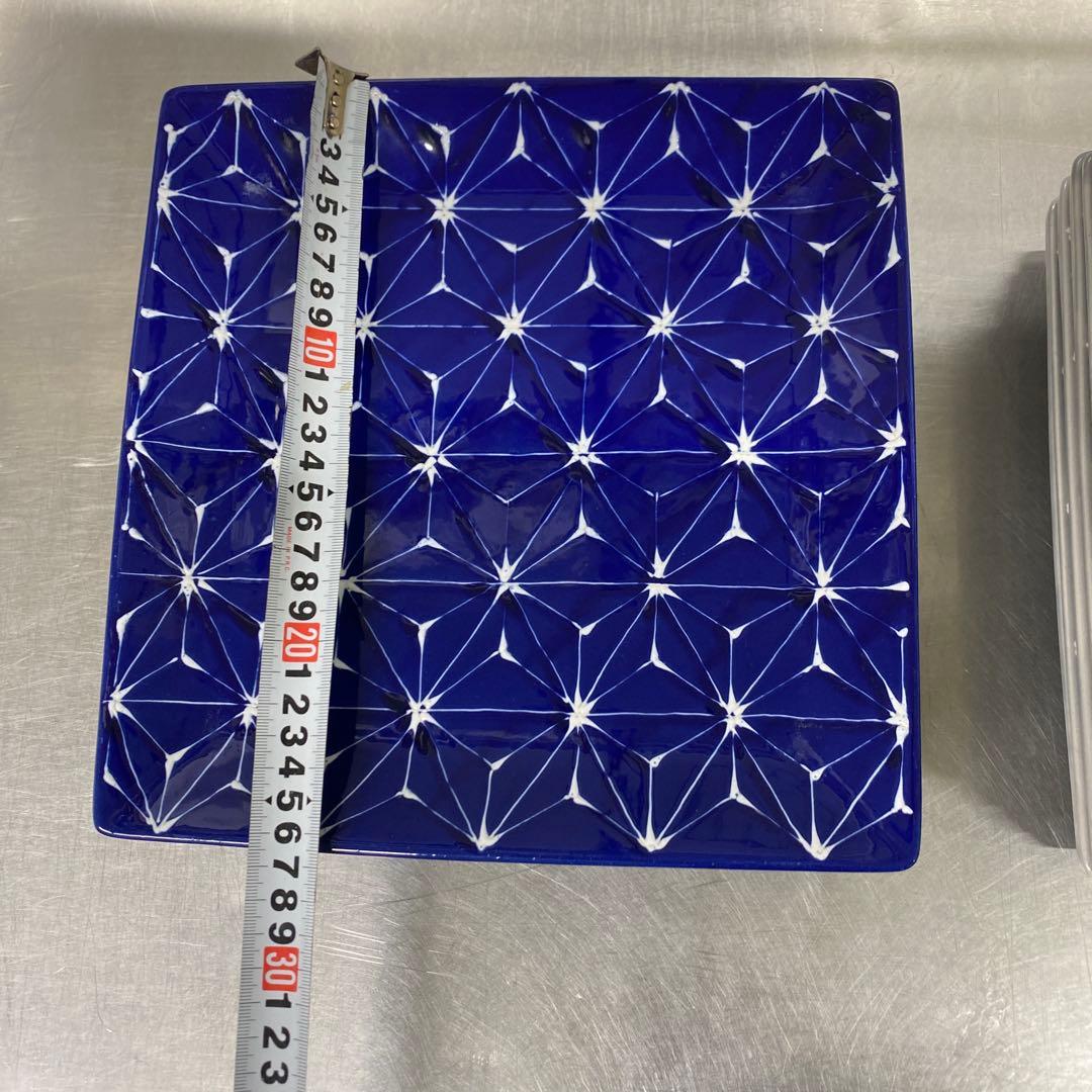 波佐見焼　ホワイトライン麻　スクエアプレートL 瑠璃 翔芳窯