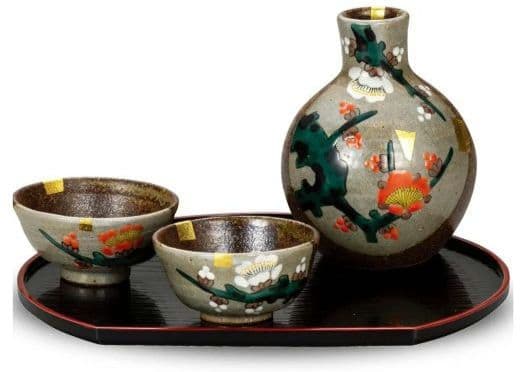 601530 和座の蔵 ぐい呑み 九谷焼 酒器セット 紅白梅 お盆付き